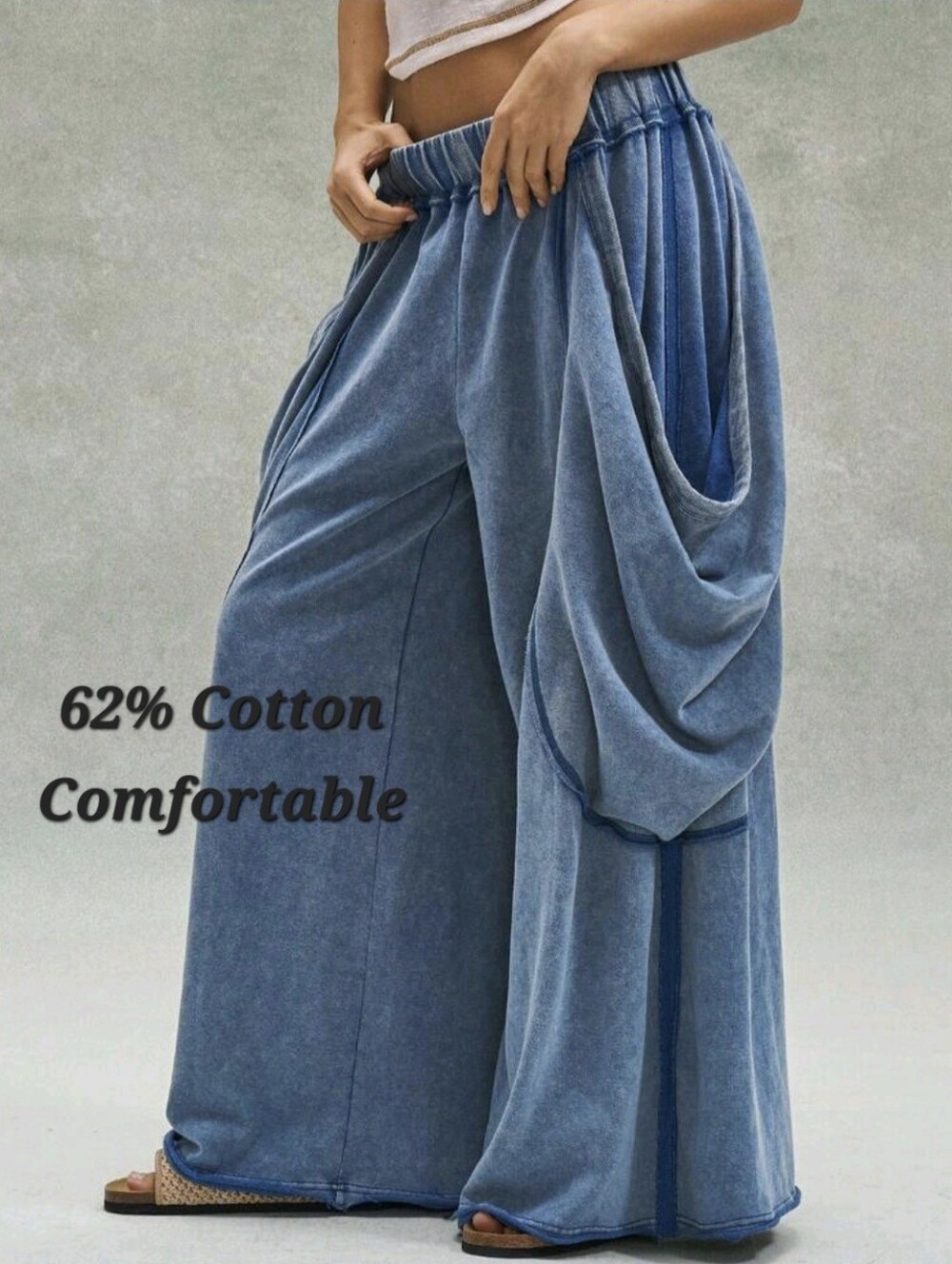 Draped Wide-Leg Boho Pants in Washed Plested Blue  Elastic Plus Size Casual